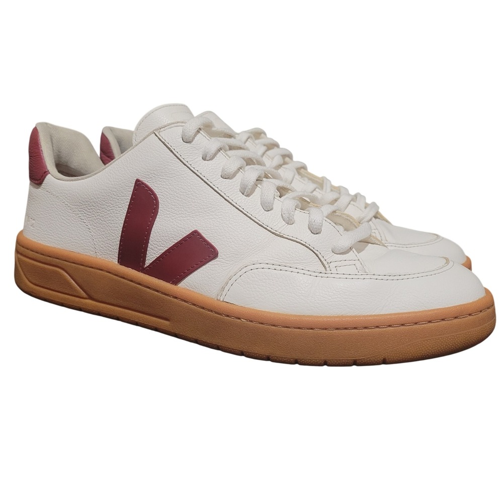Veja V-12 Sneakers Mens 12 White Burgundy Excellent Leather Gum Sole Low RARE